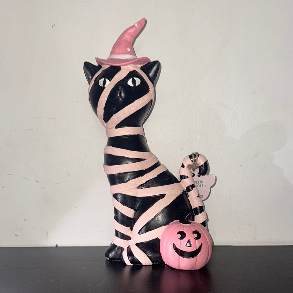 Black and Pink Halloween Cat Figurine